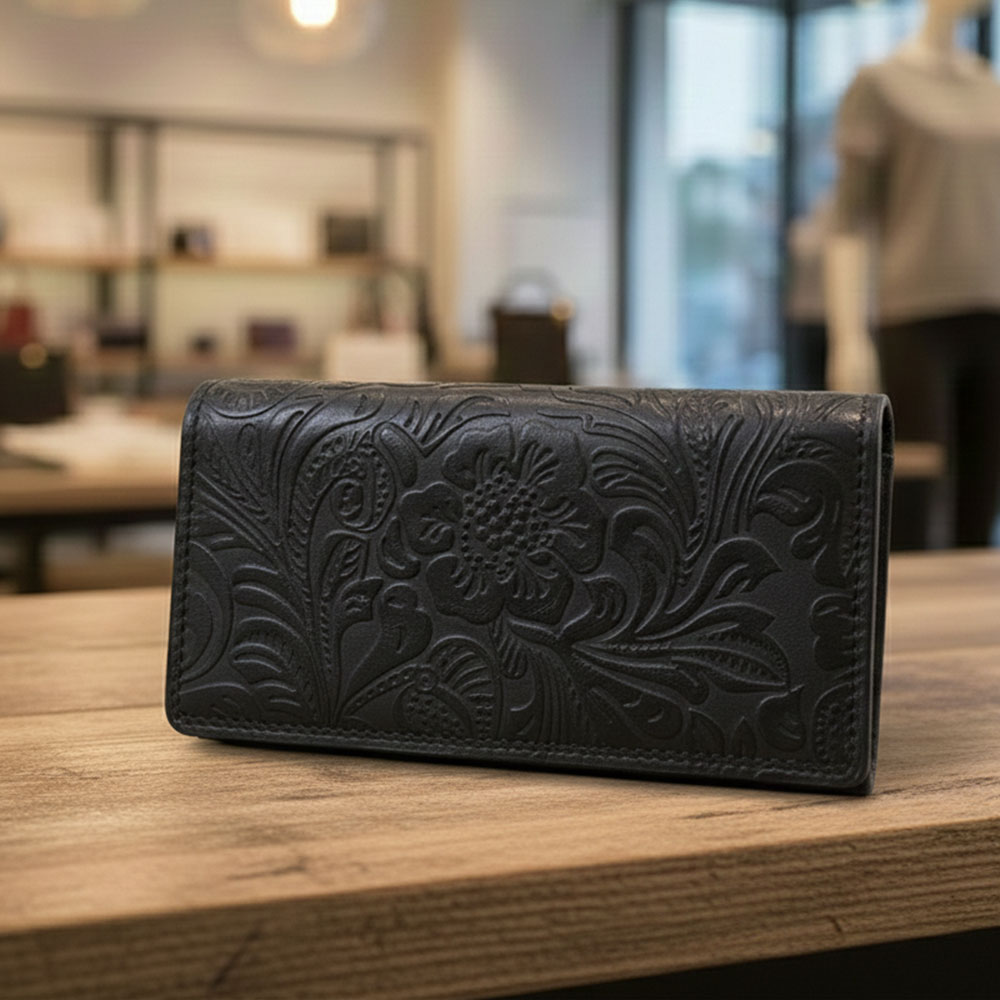 Dámská kožená peněženka na patent s ochranou RFID černá vzor kytky Exclusive selection Tillberg ES2585