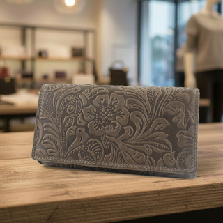 Dámská kožená peněženka na patent s ochranou RFID hnědá vzor kytky Exclusive selection Tillberg ES2584